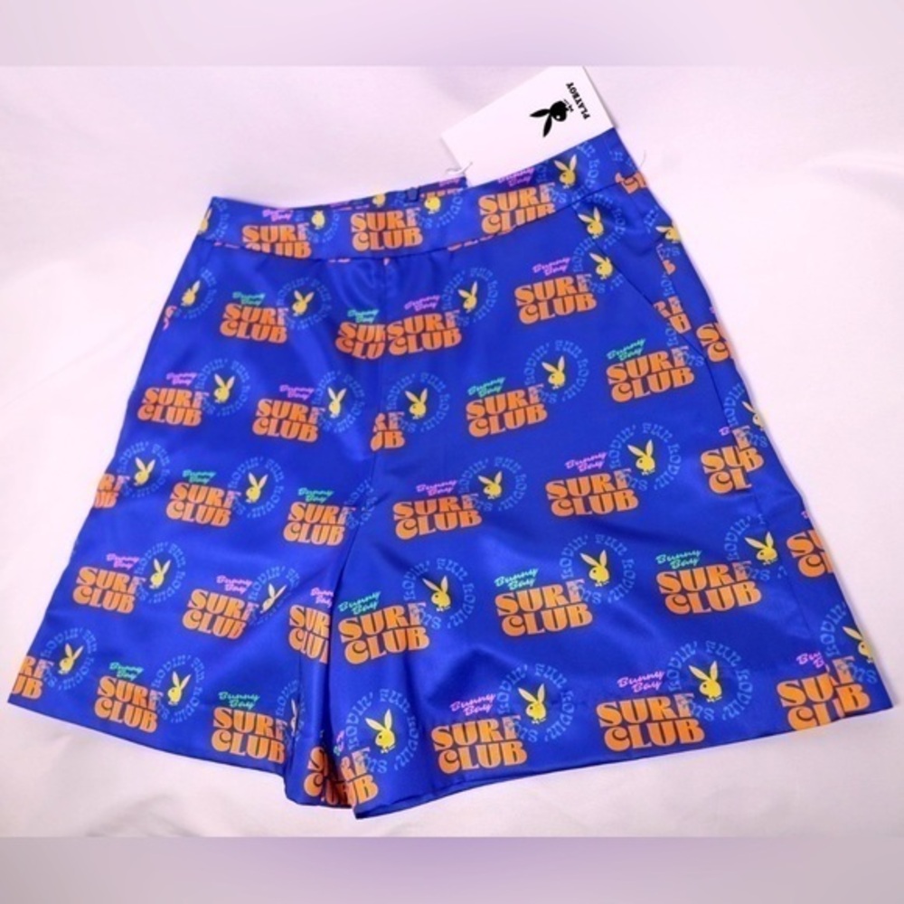 New Playboy bunny blue surfer shorts, women’s size Medium